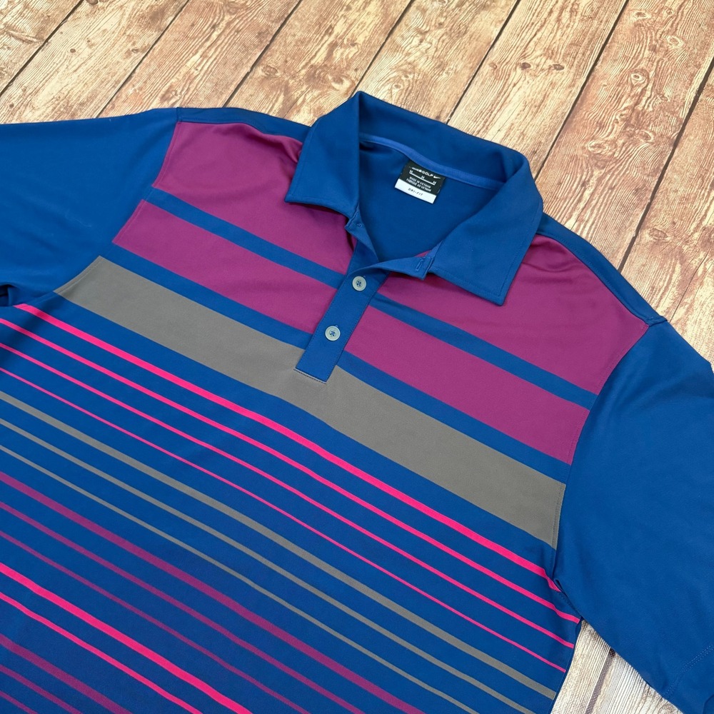 Nike Dri Fit Polo Shirt Mens Medium Blue Striped Short Sleeve Golf Performance